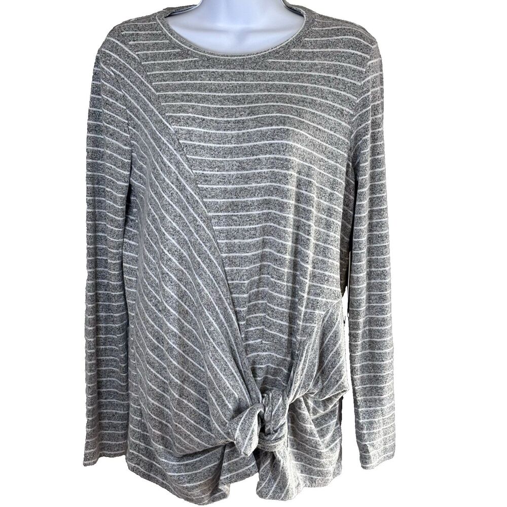 Gibson Tie Front Cozy Fleece Pullover Top Gray Ivory Stripe Size M Minimalist